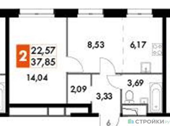 Планировка однокомнатной(апартаменты) площадью 37.85 квадратных метров в ЖК “ЖК Движение. Говорово”