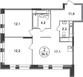 Планировка двухкомнатной(квартира) площадью 59.5 квадратных метров в ЖК “ЖК Первый Московский”