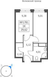 Планировка однокомнатной(апартаменты) площадью 29.62 квадратных метров в ЖК “ЖК Волковская 67”