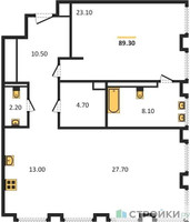 Планировка однокомнатной(квартира) площадью 91.3 квадратных метров в “Роскошный квартал Life Time”