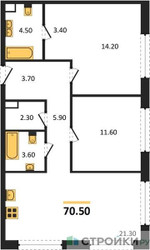 Планировка двухкомнатной(квартира) площадью 70.5 квадратных метров в ЖК “ЖК Portland (Портланд)”