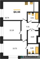 Планировка двухкомнатной(квартира) площадью 64.44 квадратных метров в “ЖК Городские Истории”