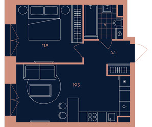 Планировка двухкомнатной(квартира) площадью 39.3 квадратных метров в ЖК “ЖК Era (Эра)”