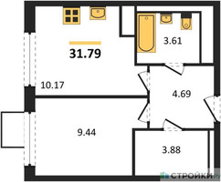 Планировка однокомнатной(квартира) площадью 31.79 квадратных метров в “ЖК Горки Парк”