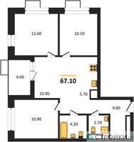 Планировка трехкомнатной(квартира) площадью 67.1 квадратных метров в “ЖК Бунинские кварталы”