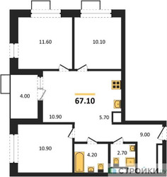 Планировка трехкомнатной(квартира) площадью 67.1 квадратных метров в ЖК “ЖК Бунинские кварталы”