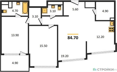 Планировка двухкомнатной(квартира) площадью 84.7 квадратных метров в ЖК “ЖК ROTTERDAM (Роттердам)”
