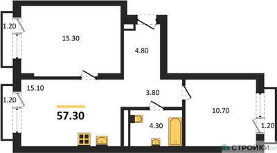 Планировка двухкомнатной(квартира) площадью 57.3 квадратных метров в ЖК “ЖК Первый квартал”
