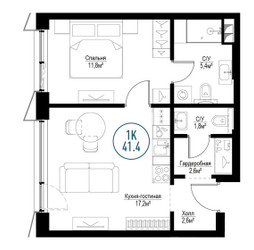 Планировка однокомнатной(квартира) площадью 41.5 квадратных метров в ЖК “ЖК Метрополия”