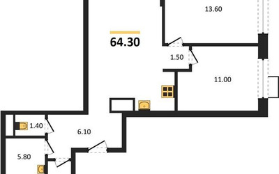 Планировка двухкомнатной(квартира) площадью 64.3 квадратных метров в ЖК “ЖК Foreville (Форевилль)”