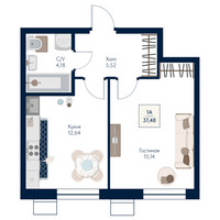 Планировка однокомнатной(квартира) площадью 37.48 квадратных метров в “ЖК Бархат”