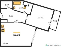Планировка однокомнатной(квартира) площадью 52.3 квадратных метров в “ЖК Карамельный”
