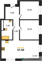 Планировка двухкомнатной(квартира) площадью 57.5 квадратных метров в “ЖК Квартал Метроном”
