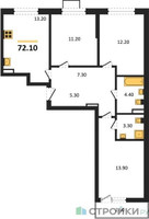 Планировка трехкомнатной(квартира) площадью 72.1 квадратных метров в “ЖК Прокшино”