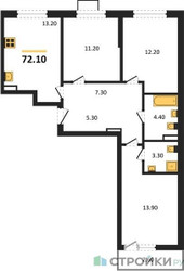 Планировка трехкомнатной(квартира) площадью 72.1 квадратных метров в ЖК “ЖК Прокшино”