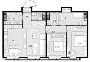 Планировка трехкомнатной(квартира) площадью 87.1 квадратных метров в “ЖК Crystal Трилогия (Кристал)”