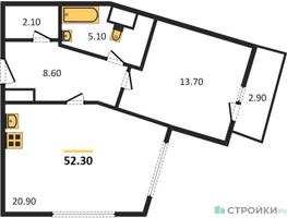 Планировка однокомнатной(квартира) площадью 52.3 квадратных метров в “ЖК Карамельный”