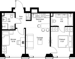 Планировка двухкомнатной(квартира) площадью 52.39 квадратных метров в “ЖК СЕТ”
