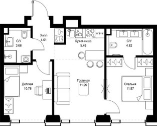 Планировка двухкомнатной(квартира) площадью 52.39 квадратных метров в ЖК “ЖК СЕТ”