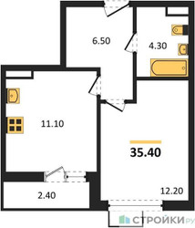 Планировка однокомнатной(квартира) площадью 35.4 квадратных метров в ЖК “ЖК Бунинские кварталы”