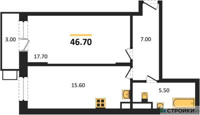 Планировка однокомнатной(квартира) площадью 46.9 квадратных метров в ЖК “ЖК Пироговская Ривьера”
