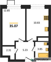 Планировка однокомнатной(квартира) площадью 35.07 квадратных метров в “ЖК Новотомилино”