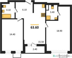 Планировка двухкомнатной(квартира) площадью 63.6 квадратных метров в “ЖК Прокшино”