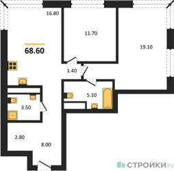Планировка двухкомнатной(квартира) площадью 68.6 квадратных метров в ЖК “Кутузов Сити”