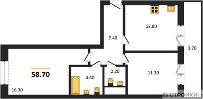 Планировка двухкомнатной(квартира) площадью 58.7 квадратных метров в ЖК “ЖК Рассказово”