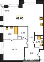 Планировка однокомнатной(квартира) площадью 63 квадратных метров в “ЖК Luzhniki Collection (Коллекция Лужники)”