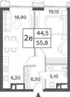 Планировка двухкомнатной(квартира) площадью 55.8 квадратных метров в “ЖК Will Towers (Вилл Тауэрс)”