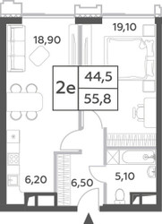 Планировка двухкомнатной(квартира) площадью 55.8 квадратных метров в ЖК “ЖК Will Towers (Вилл Тауэрс)”