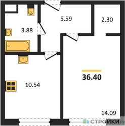 Планировка однокомнатной(квартира) площадью 36.4 квадратных метров в ЖК “ЖК Одинград. Квартал Семейный”