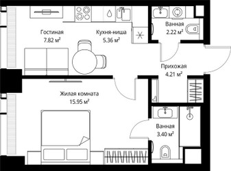 Планировка однокомнатной(квартира) площадью 38.96 квадратных метров в ЖК “ЖК Веер”