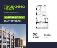 Планировка трехкомнатной(квартира) площадью 95.42 квадратных метров в “ЖК Пушкино Град”