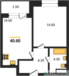 Планировка однокомнатной(квартира) площадью 40.6 квадратных метров в ЖК “ЖК Пушкино Град”