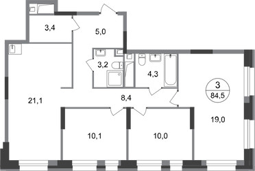 Планировка трехкомнатной(квартира) площадью 84.5 квадратных метров в ЖК “ЖК Первый Московский”