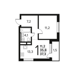 Планировка однокомнатной(квартира) площадью 37.3 квадратных метров в ЖК “Новые Ватутинки. Заречный”