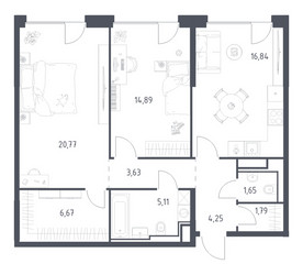 Планировка двухкомнатной(квартира) площадью 75.6 квадратных метров в ЖК “ЖК Квартал на воде (Графика на воде)”