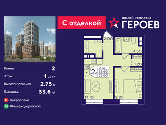 Планировка двухкомнатной(квартира) площадью 33.6 квадратных метров в ЖК “ЖК Героев”