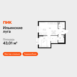 Планировка однокомнатной(квартира) площадью 43.01 квадратных метров в ЖК “ЖК Ильинские луга”
