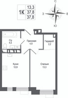 Планировка однокомнатной(квартира) площадью 37.8 квадратных метров в “ЖК КИНОКВАРТАЛ”