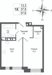 Планировка однокомнатной(квартира) площадью 37.8 квадратных метров в ЖК “ЖК КИНОКВАРТАЛ”