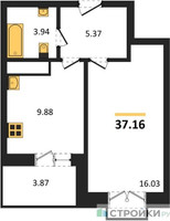 Планировка однокомнатной(квартира) площадью 37.16 квадратных метров в “ЖК ВОСТОК II”