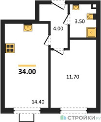 Планировка однокомнатной(квартира) площадью 34 квадратных метров в ЖК “ЖК Лучи-2”