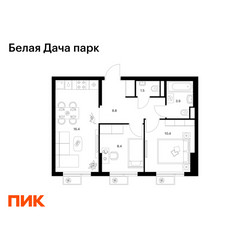 Планировка двухкомнатной(квартира) площадью 49.4 квадратных метров в ЖК “ЖК Белая Дача парк”