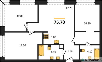 Планировка трехкомнатной(квартира) площадью 75.7 квадратных метров в ЖК “ЖК SOUL (СОУЛ)”