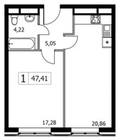 Планировка однокомнатной(квартира) площадью 47.41 квадратных метров в “ЖК Городские Истории”