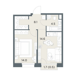 Планировка однокомнатной(квартира) площадью 41.7 квадратных метров в ЖК “ЖК Станиславский”