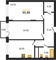 Планировка двухкомнатной(квартира) площадью 55.2 квадратных метров в “ЖК Катуар”